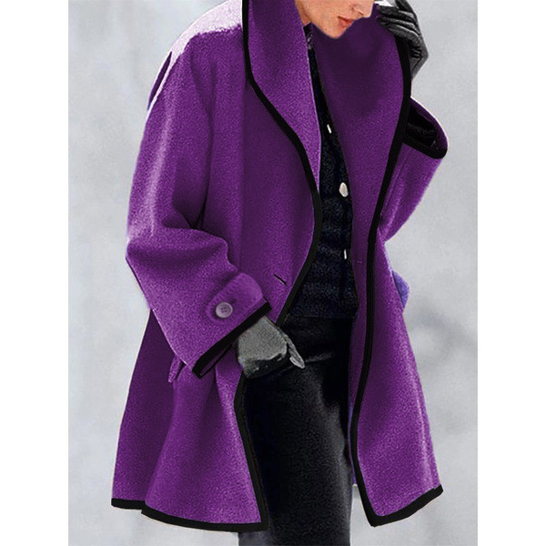Women's Loose Hooded Wool Coat Colorblock Trim