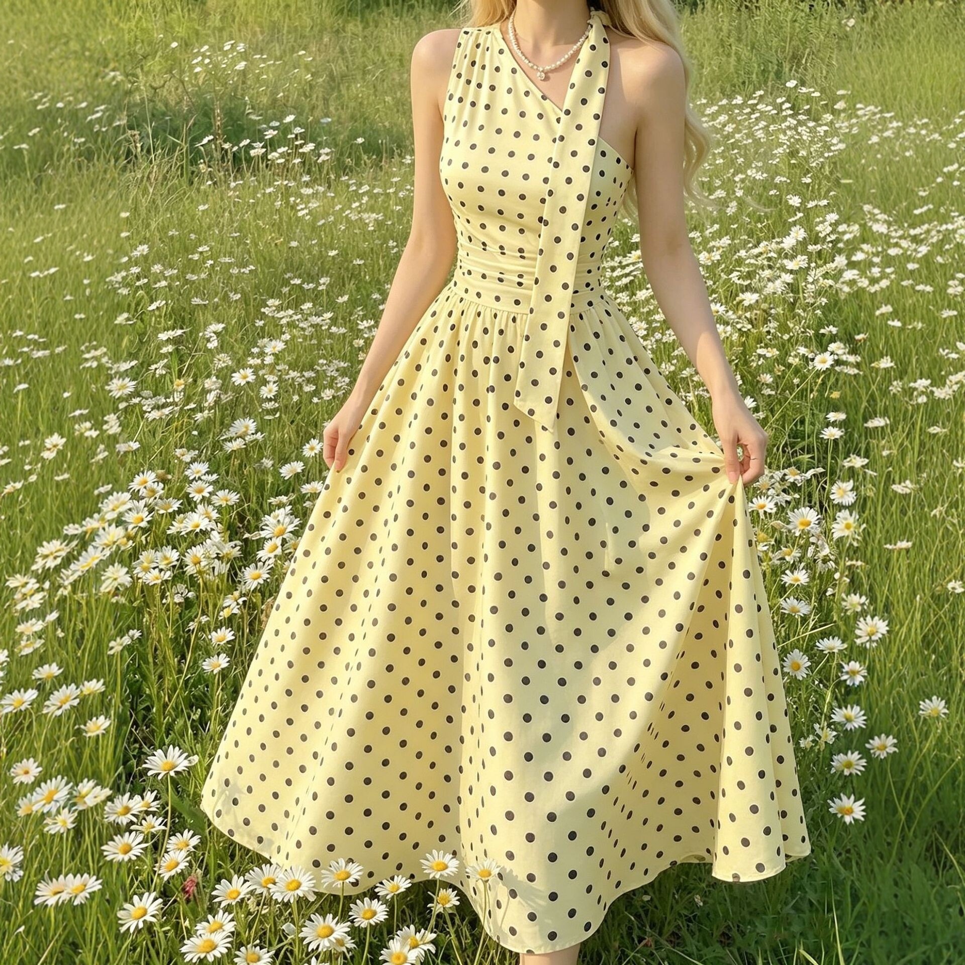 French Polka Dot Halter Dress Women's High Waist A-Line Midi
