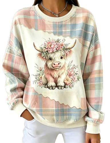 Women's Bull Head Floral Print Crewneck Sweatshirt Casual Pullover