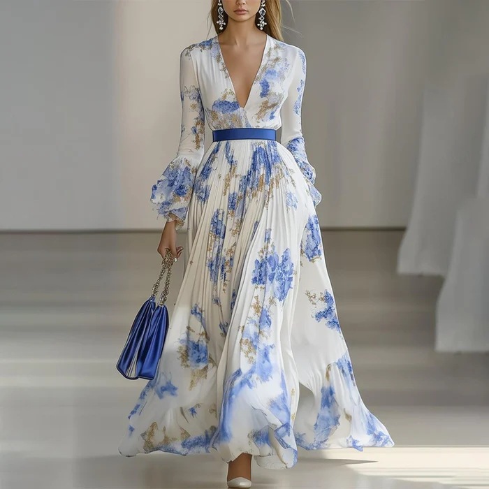 Digital Print V-Neck Long Sleeve Pleated Maxi Dress