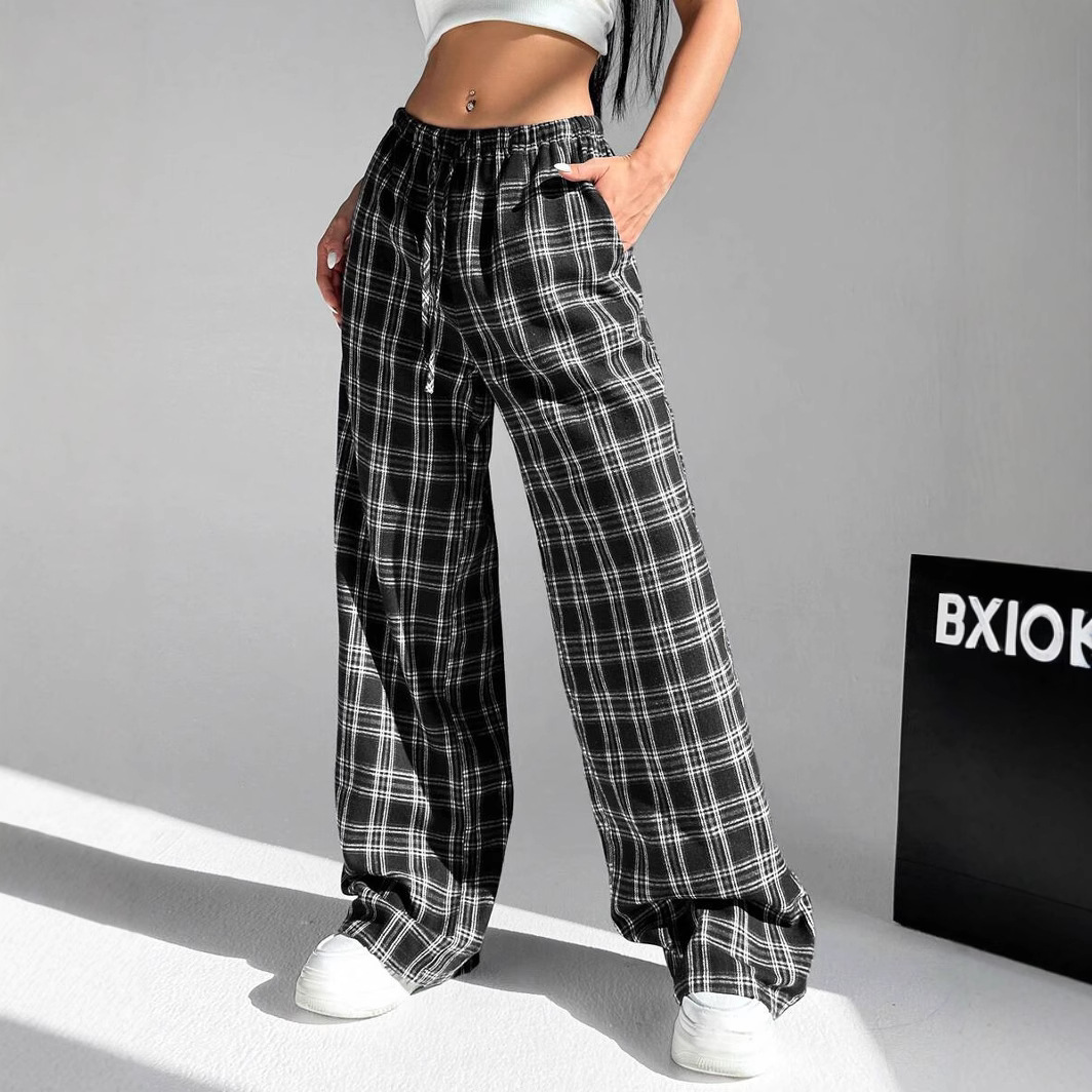 American Retro Striped Plaid Straight-Leg Casual Pants with Pockets