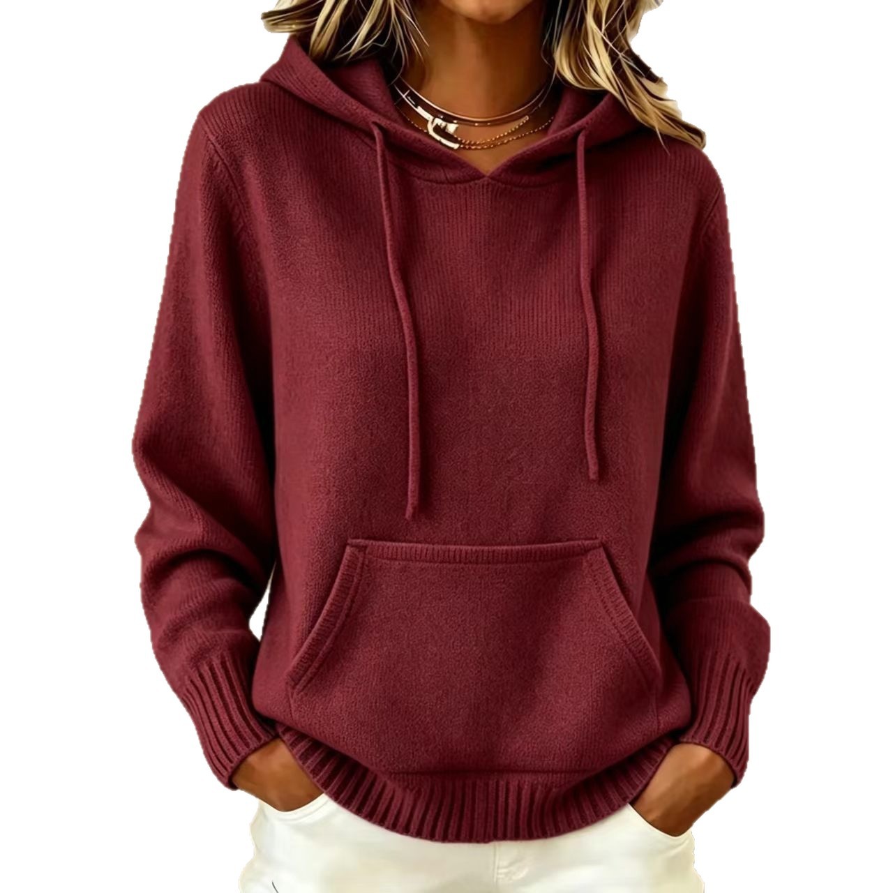 Women's Casual Hooded Drawstring Pocket Knit Sweatshirt Sweater Loose Fit