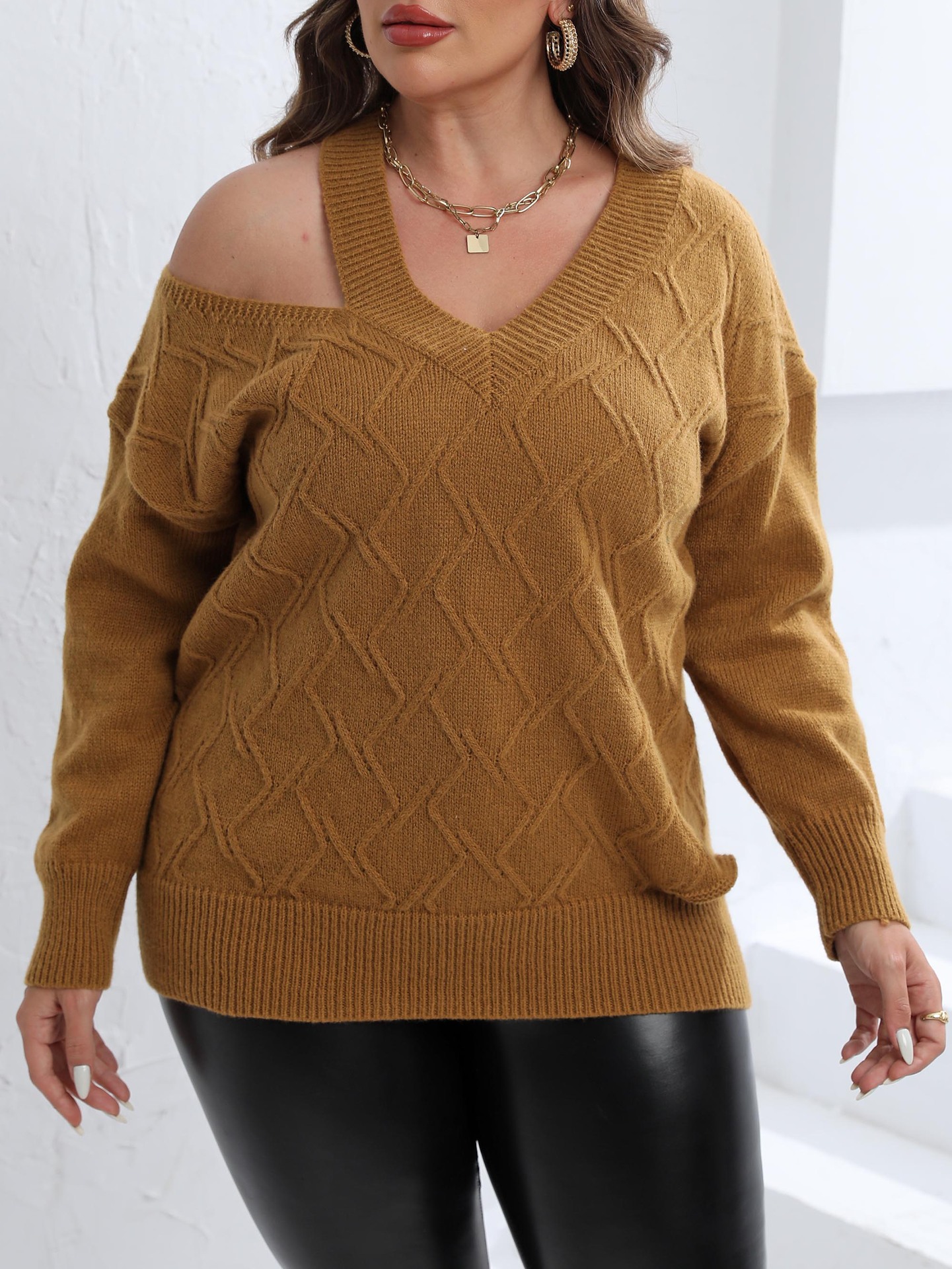 Women's Plus Size Off-Shoulder V-Neck Knit Sweater