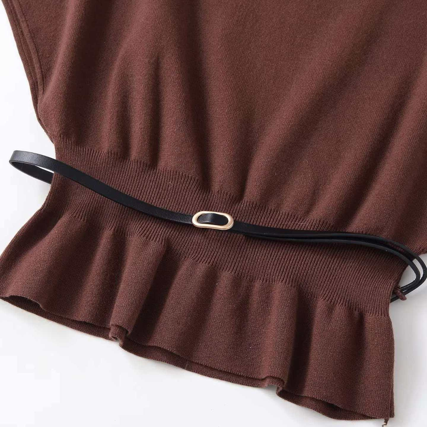Women's Belted Knit Top Summer Round Neck Three-Quarter Sleeve