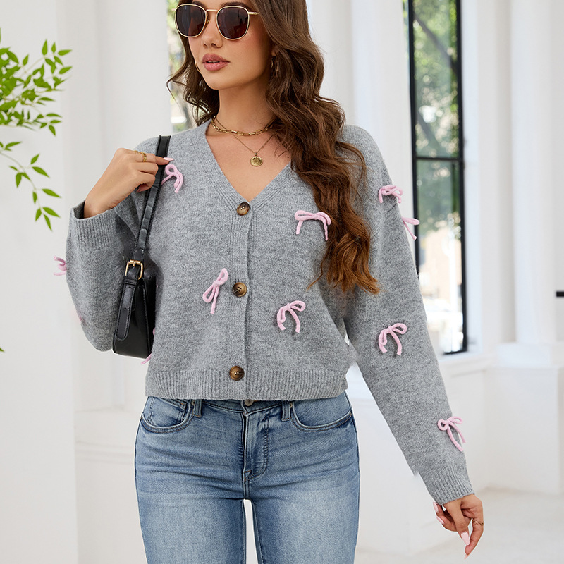 Women's Bow Knit Cardigan Sweater V-Neck Loose Fit