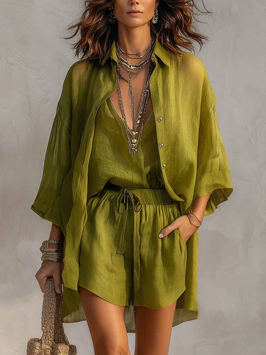 Women's 3-Piece Open-Front Cardigan, V-Neck Tank & Shorts Set