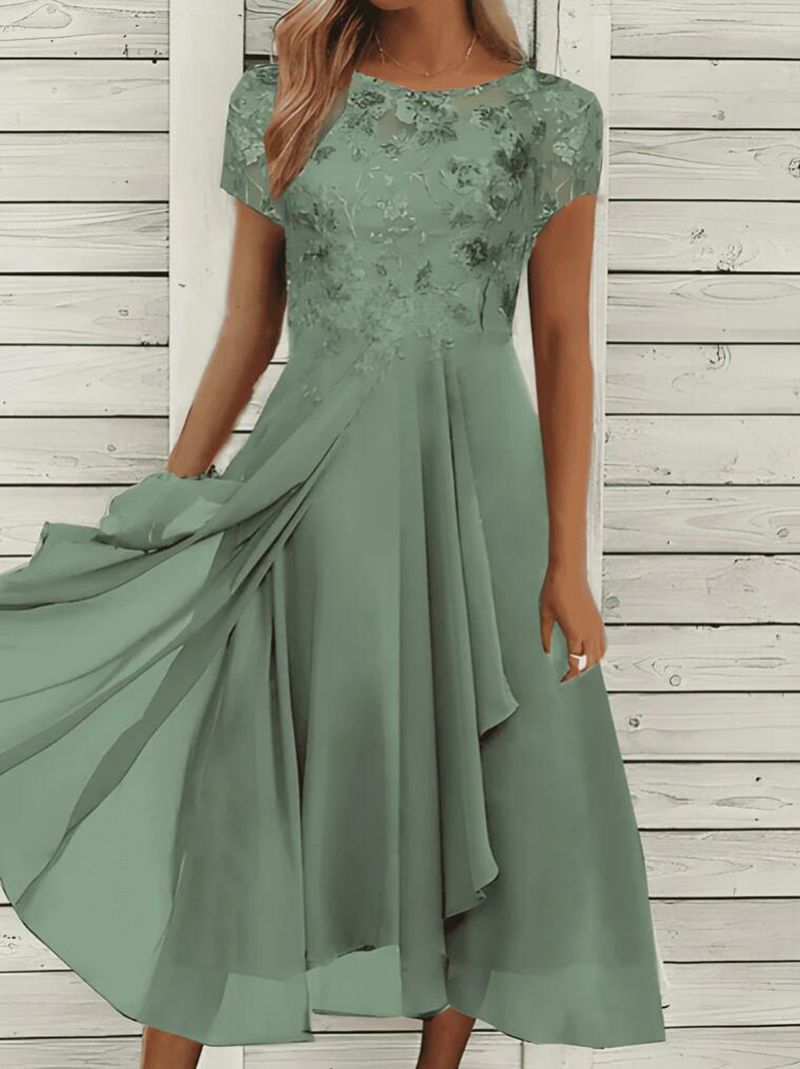 Chiffon Sequin Print Round Neck Maxi Dress