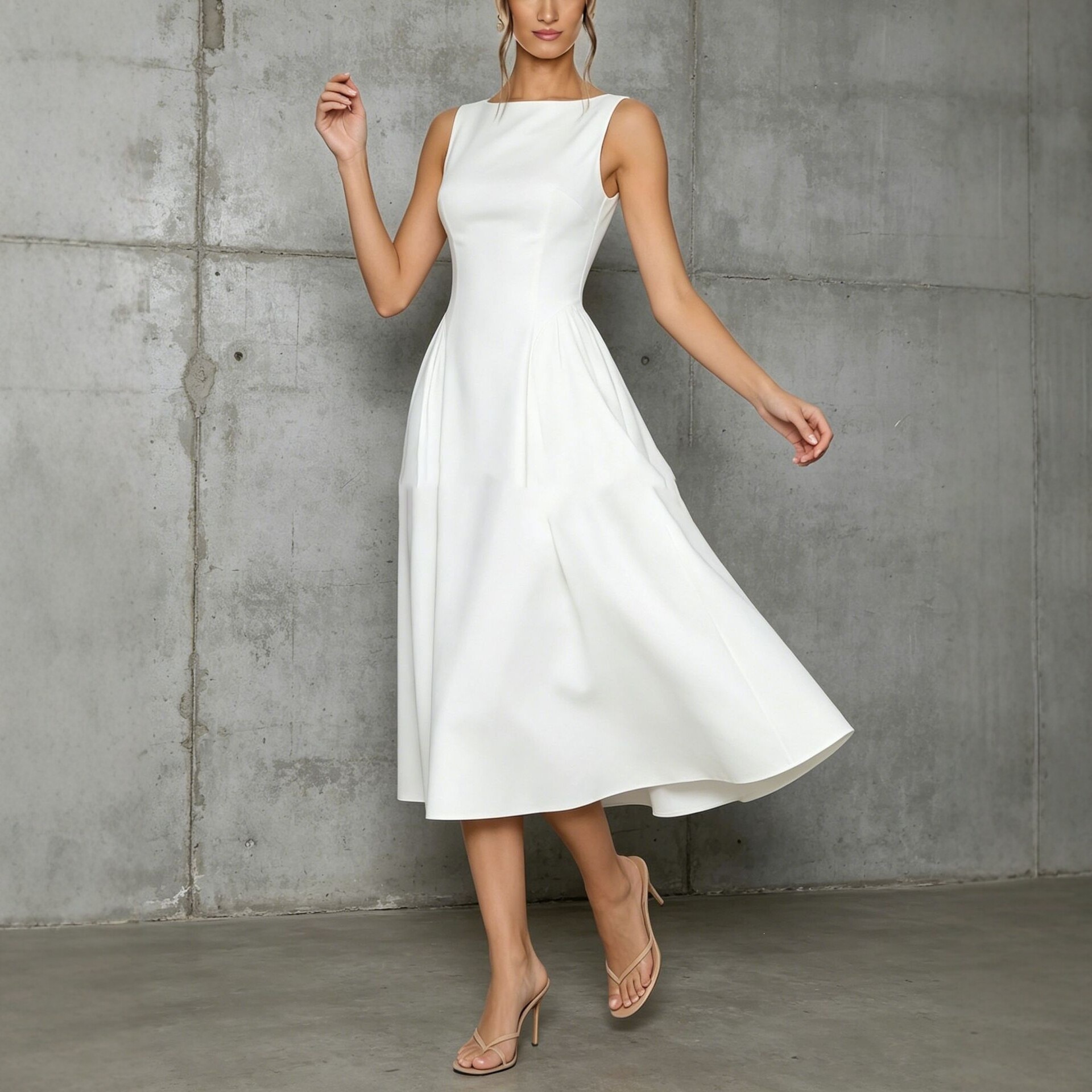 Sleeveless High-Waist A-Line Midi Dress Solid Color