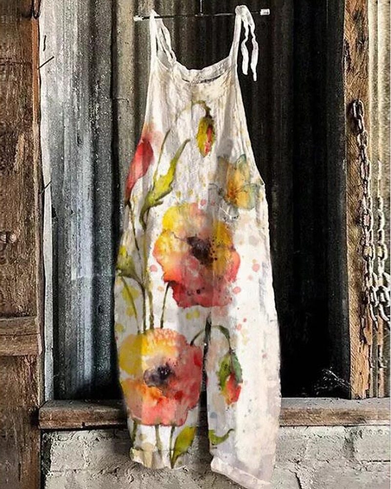 Women's Vintage Floral Print Sleeveless Jumpsuit Casual Tie-Waist