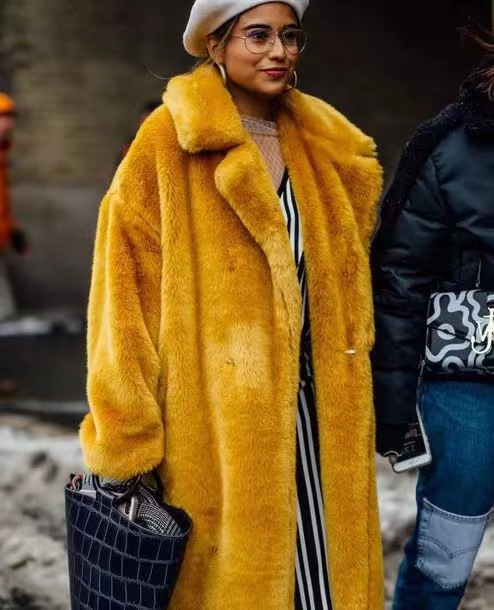 Faux Fur Padded Long Coat with Blazer Collar