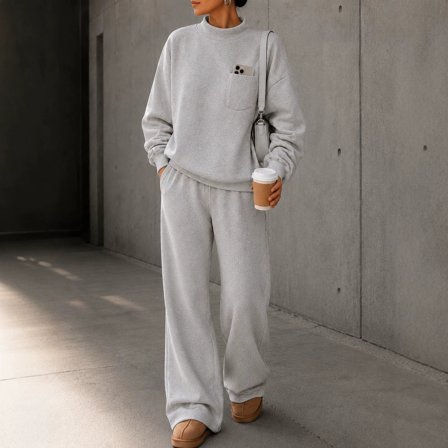 Women's Loose Stand Collar Sweatshirt & Wide-Leg Pants Set Solid Color Casual Sportswear