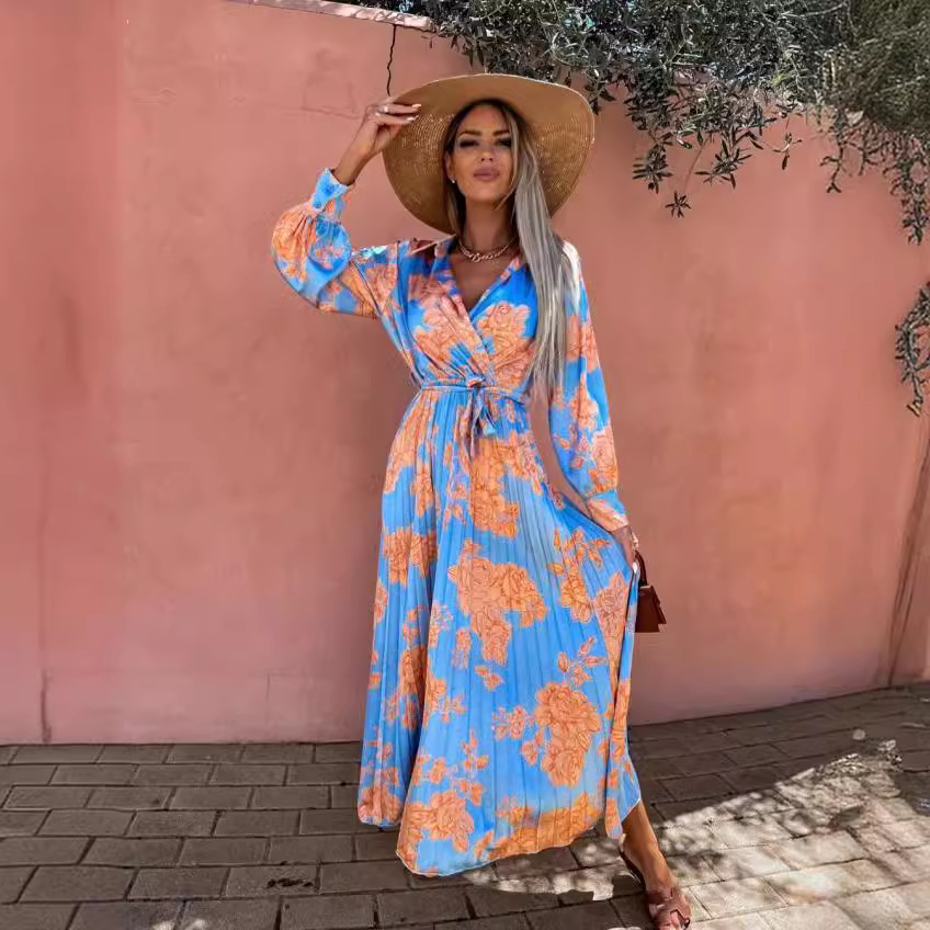 Women's Long Sleeve Ruched Waist Floral Print V-Neck Dress