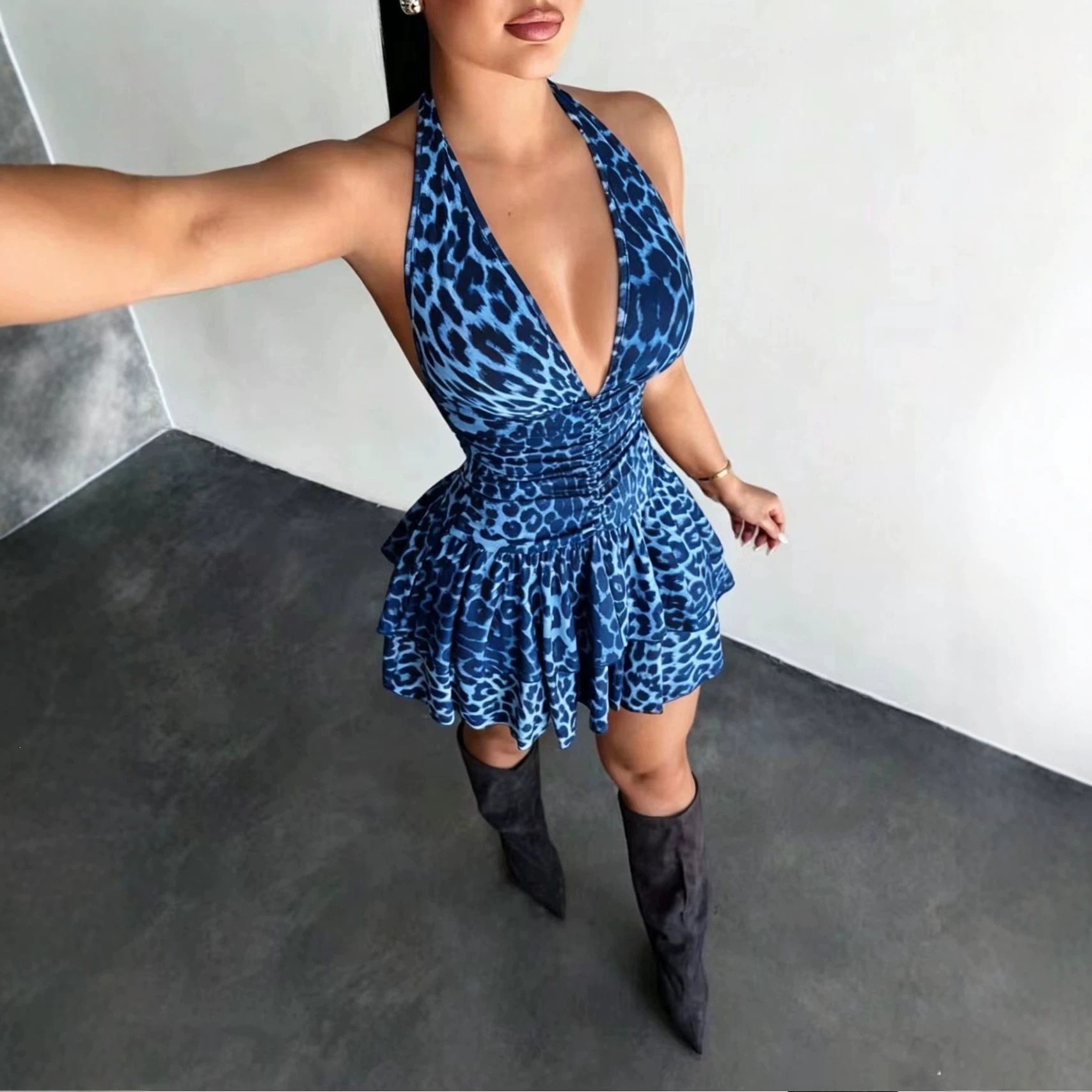 American Retro Leopard Print Backless Lace-Up Bodycon Mini Dress