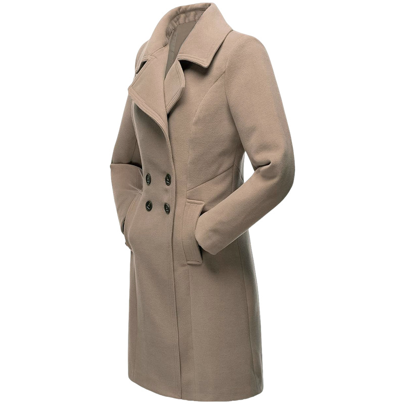 Women's Long Double-Breasted Wool-Blend Coat with Pockets