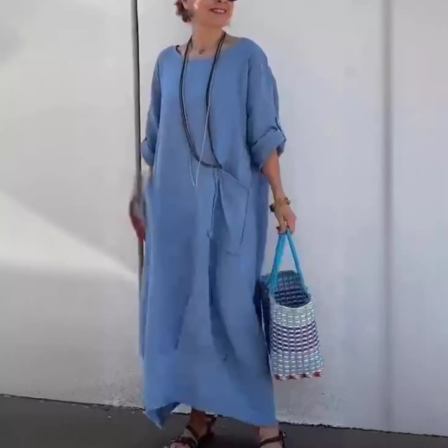 Cotton-Linen Women's Summer Casual Solid Crewneck Long Dress with Pockets