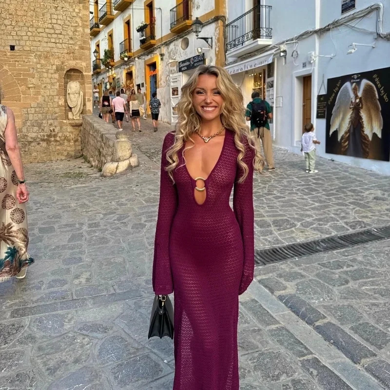 V-Neck Bell Sleeve Pleated Long Dress