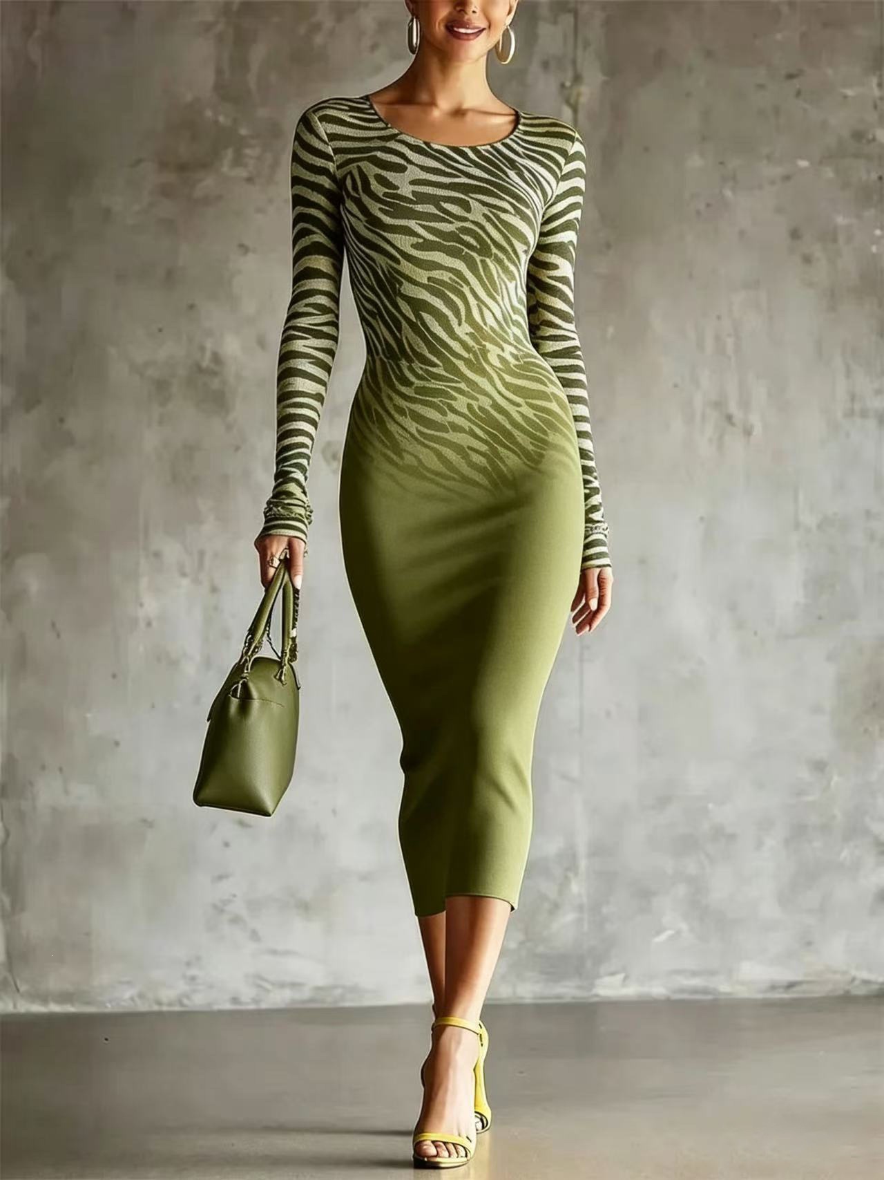 Gradient Zebra Print Long Sleeve Bodycon Midi Dress