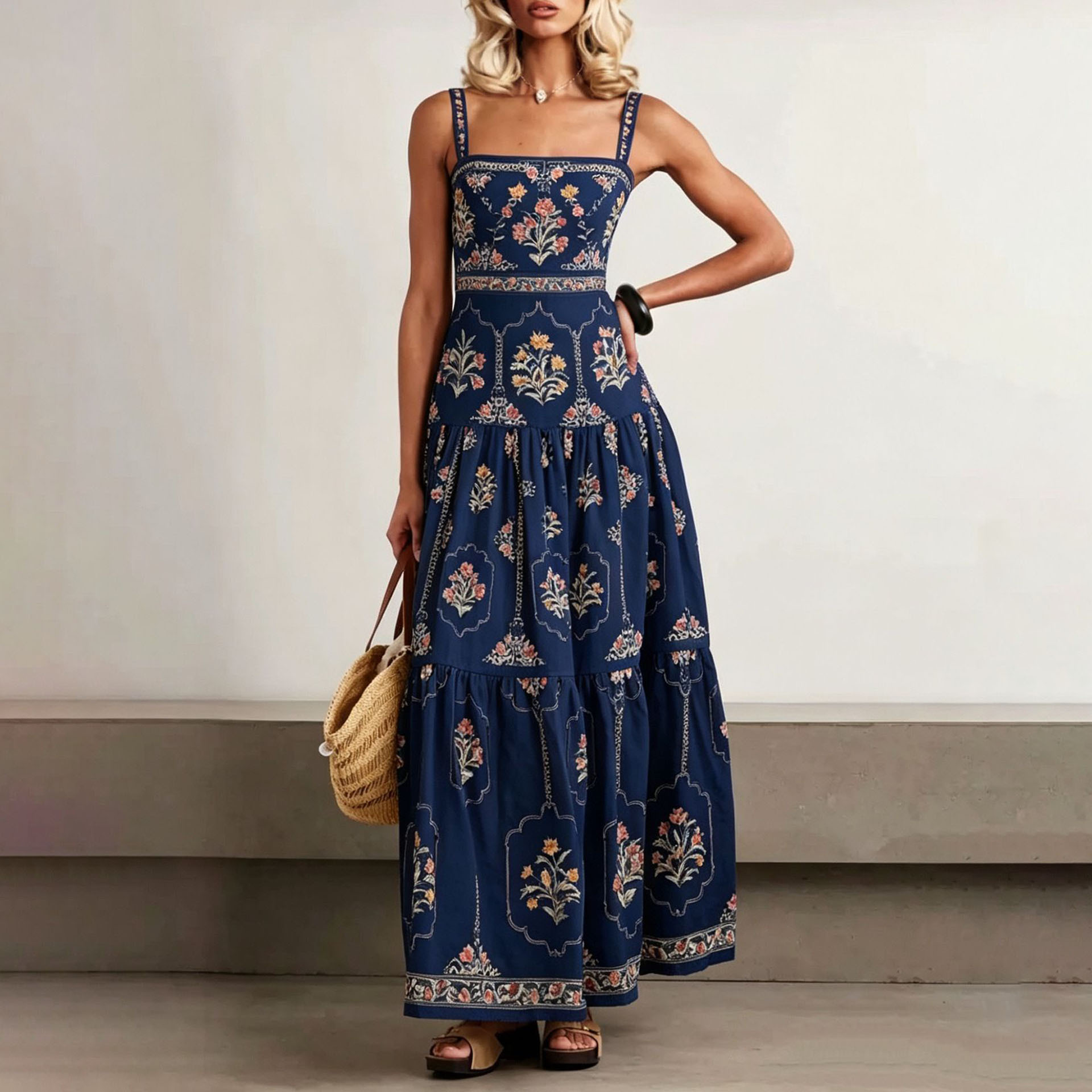 Bohemian High-Waist Maxi Dress with Flowy Skirt