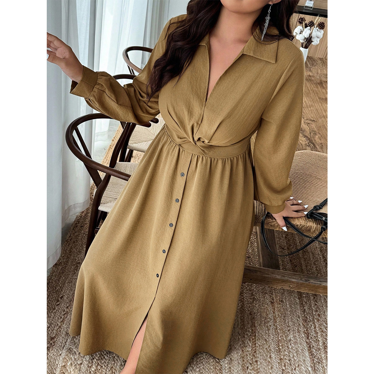 V-Neck Twist High-Waist Long Shirt Dress with Lantern Sleeves