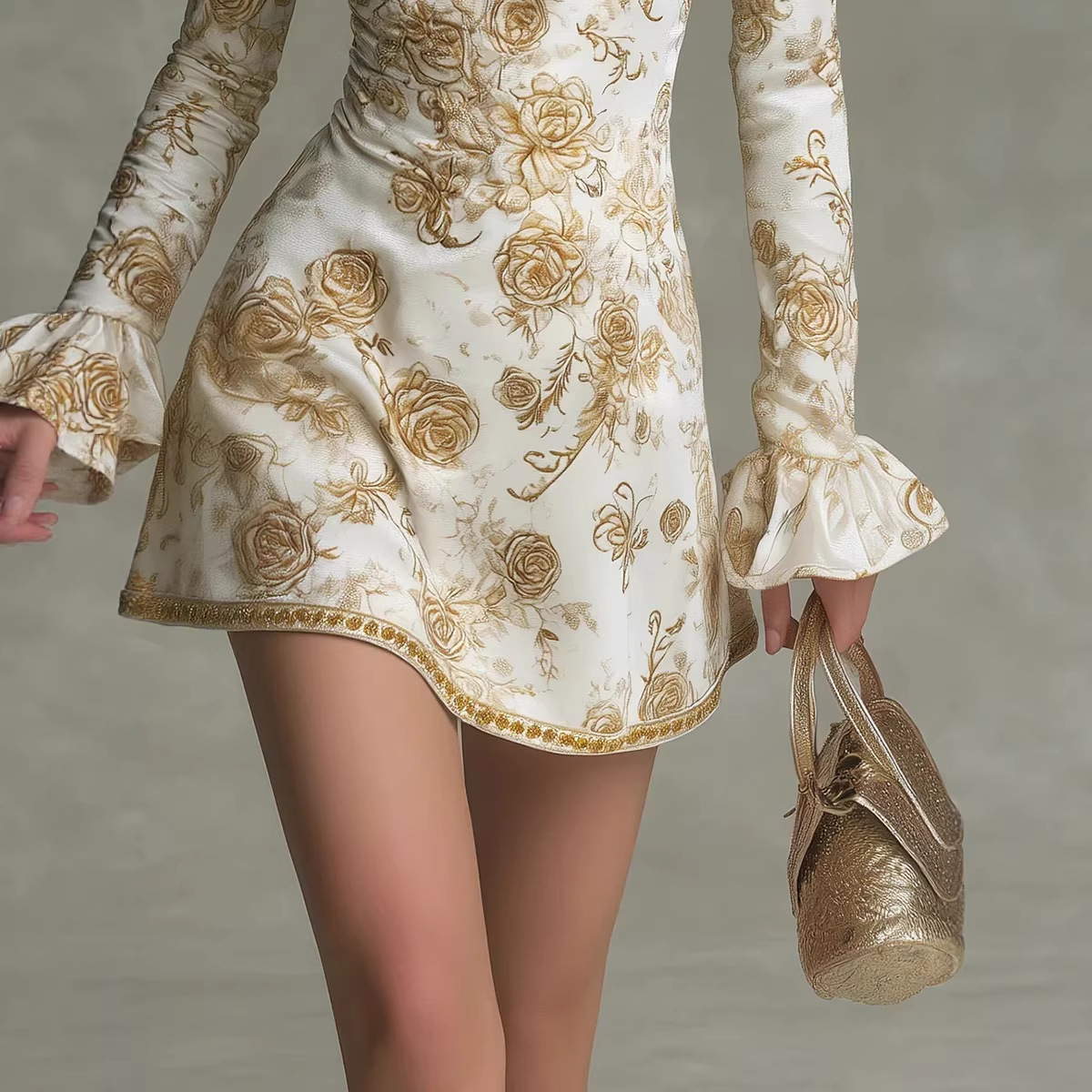French Vintage Floral Print Square Neck Open Back Tie Bubble Sleeve Chiffon A-Line Mini Dress