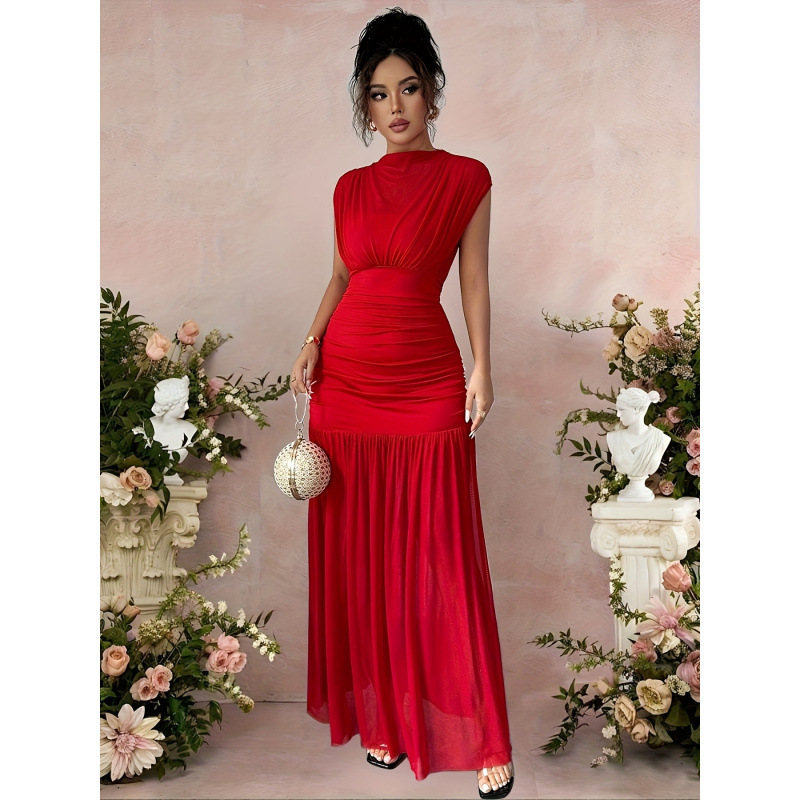 Women's Red Boat Neck Sleeveless Cutout Mesh Ruched Waist Long Dress