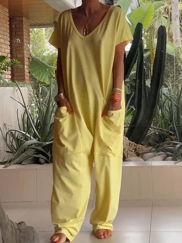 Women's Solid Color V-Neck Short Sleeve Jumpsuit with Pockets