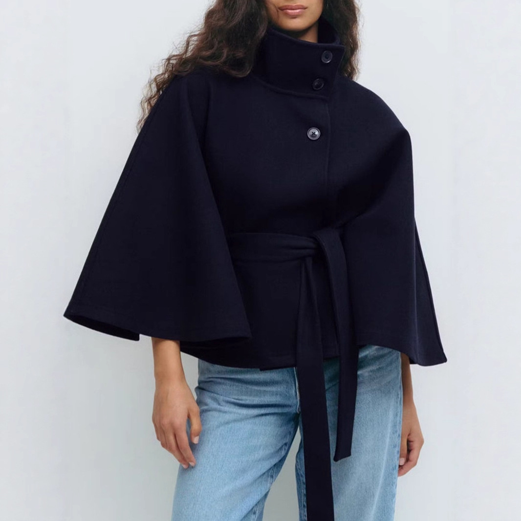 Women's Solid Color Cape-Style Trench Coat with Stand Collar, Button and Belt