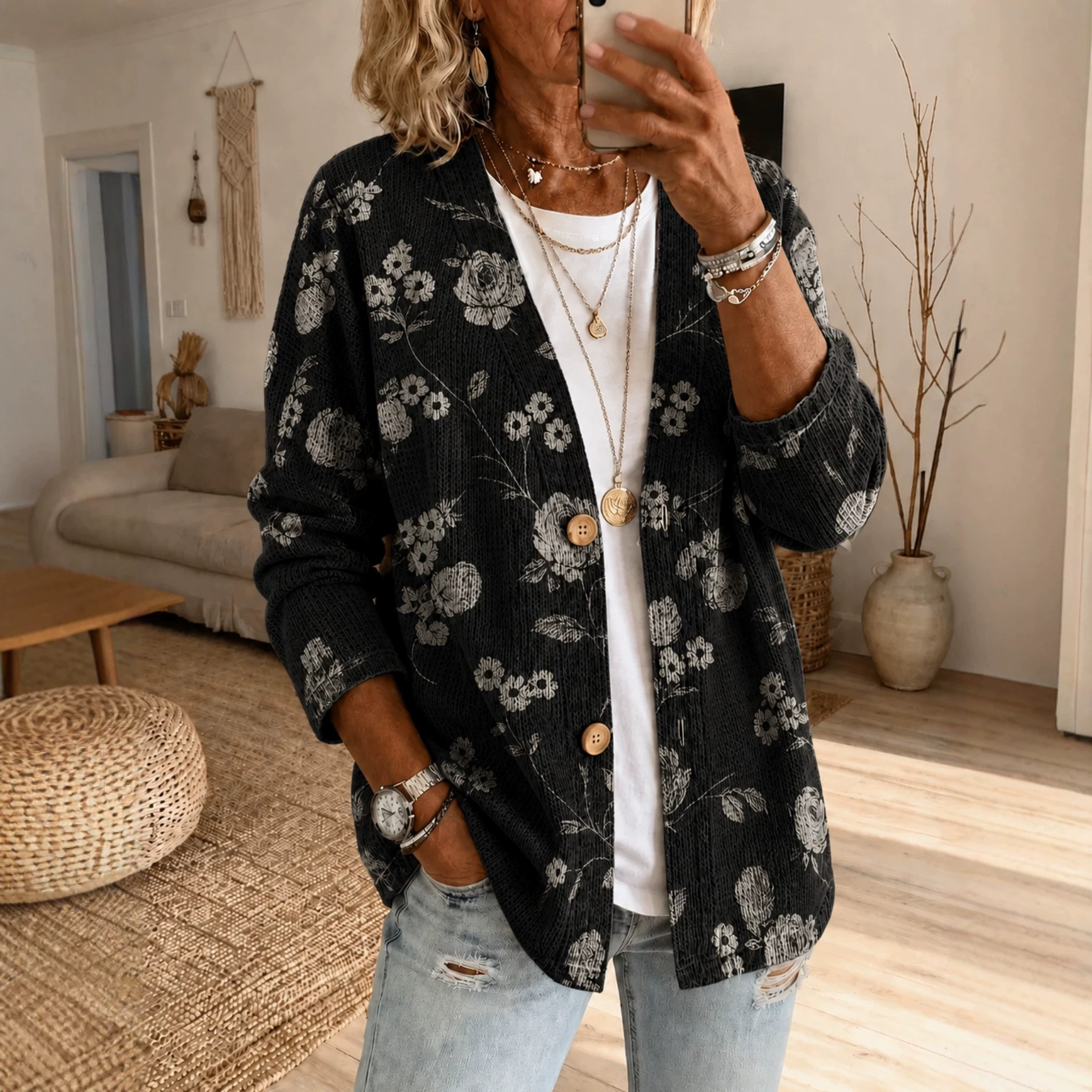 Women's Floral Plaid Print Long Trench Coat