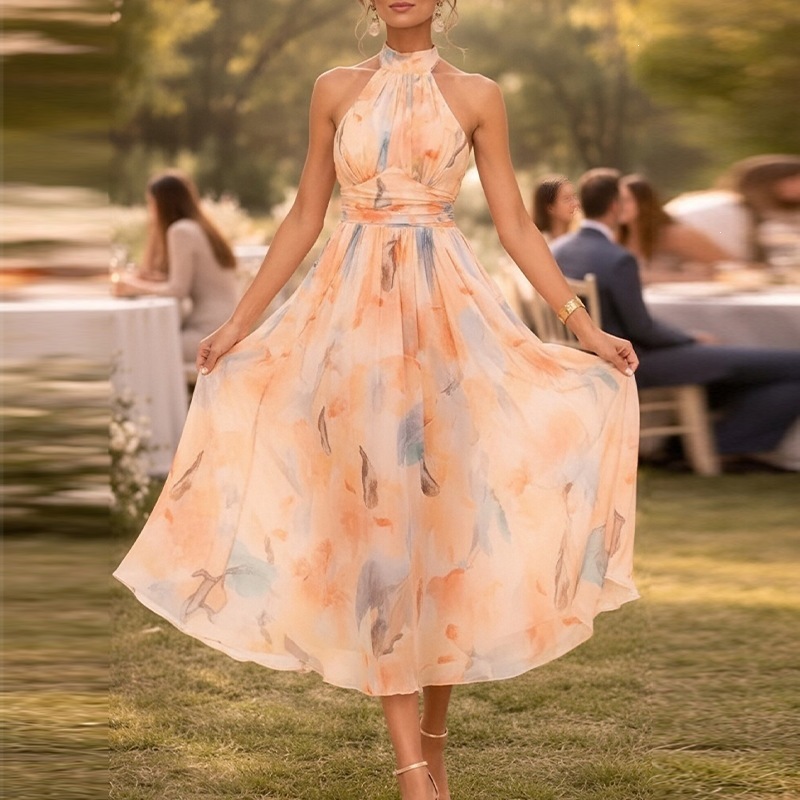 Elegant Floral Print Halter Neck Open Back Dress
