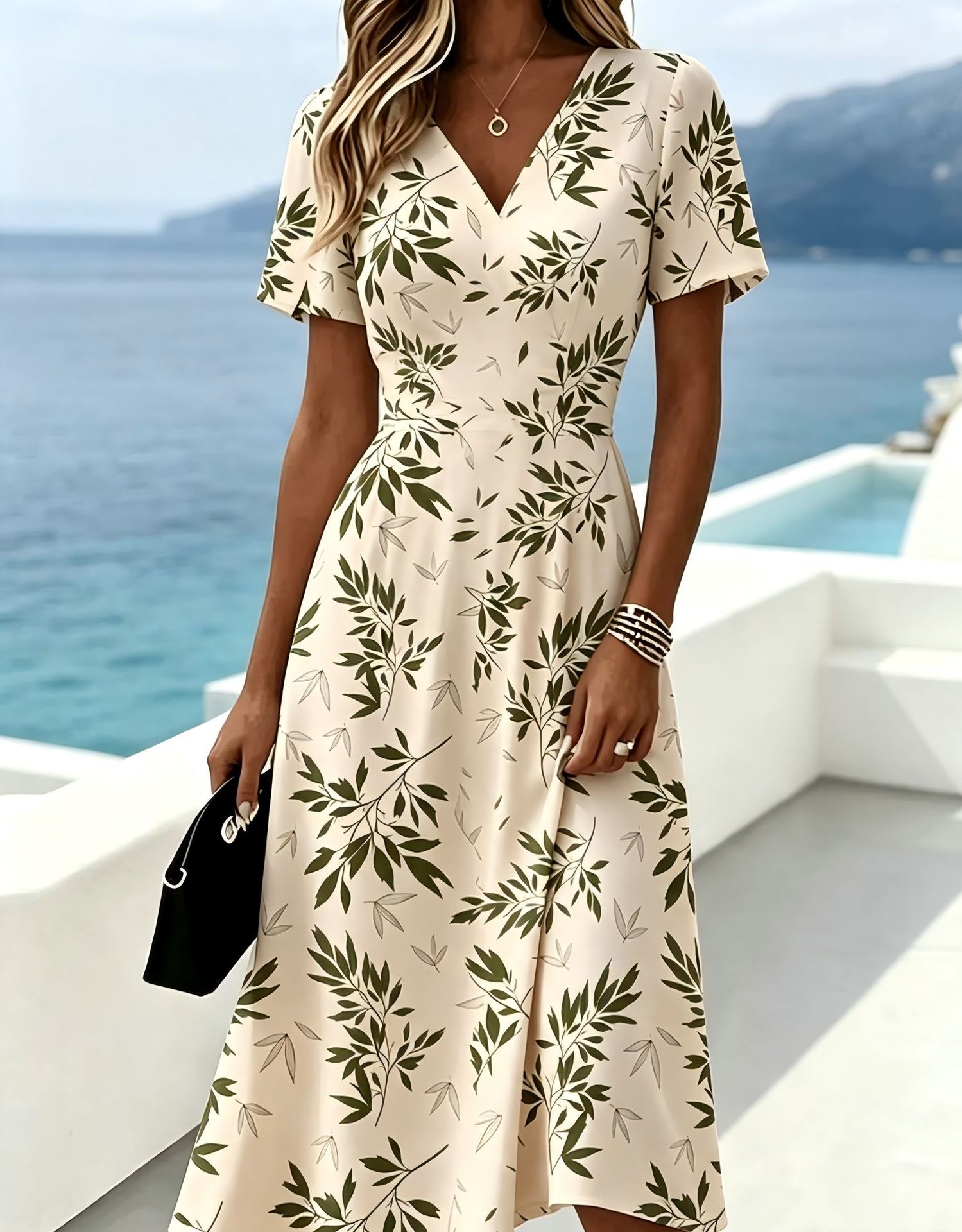 Women's Floral Leaf Print Casual Midi Dress with Deep V-Neck and Short Sleeves
