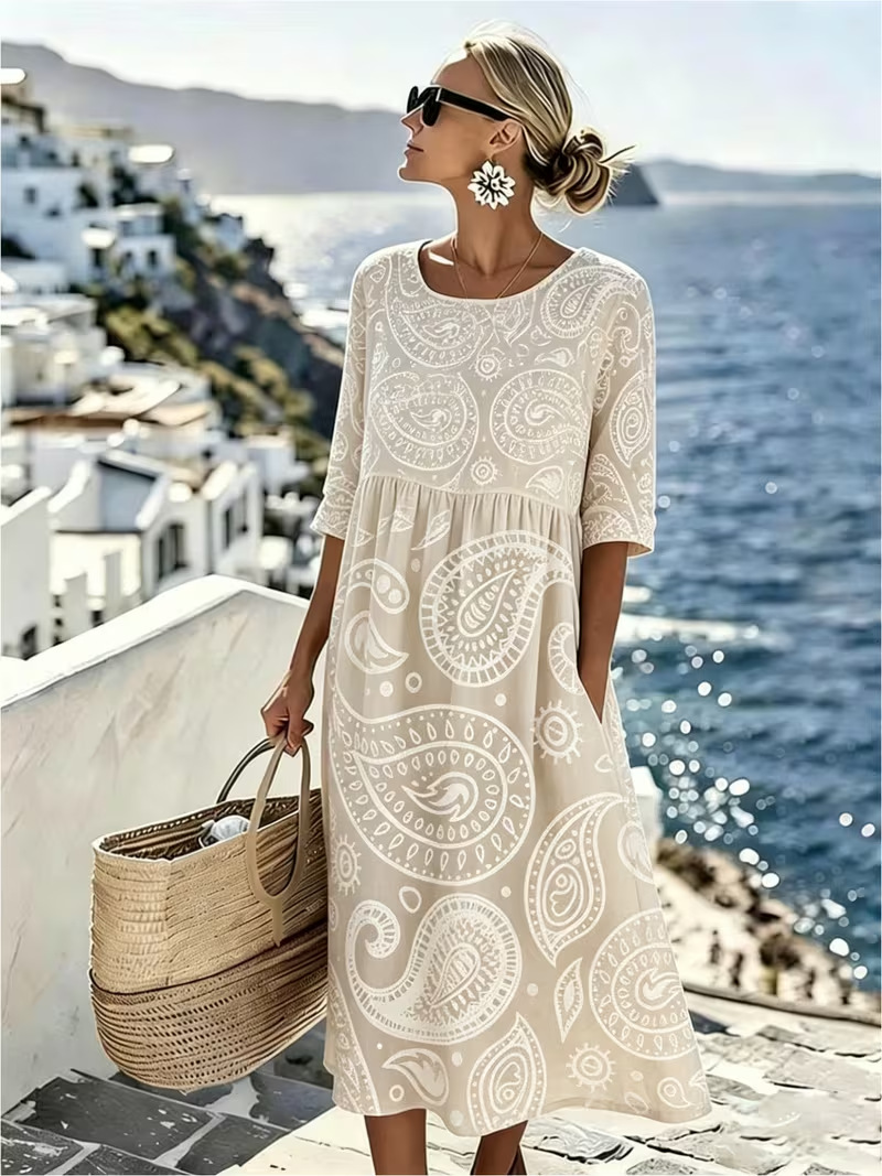 Women's Boho Vacation Print Ruched Midi Dress
