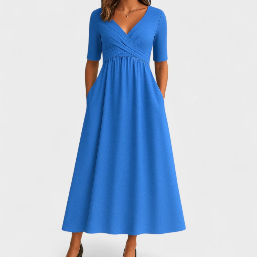 Women's Elegant Solid V-Neck Midi Sleeve Maxi Dress