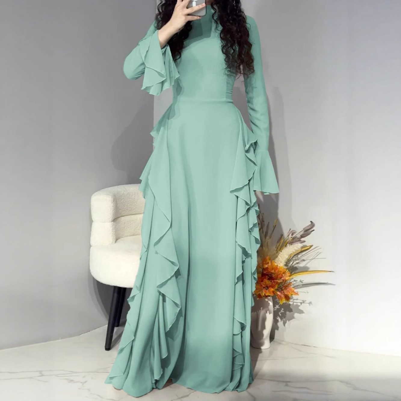 Elegant High-Waist Solid Bell-Sleeve Long Dress