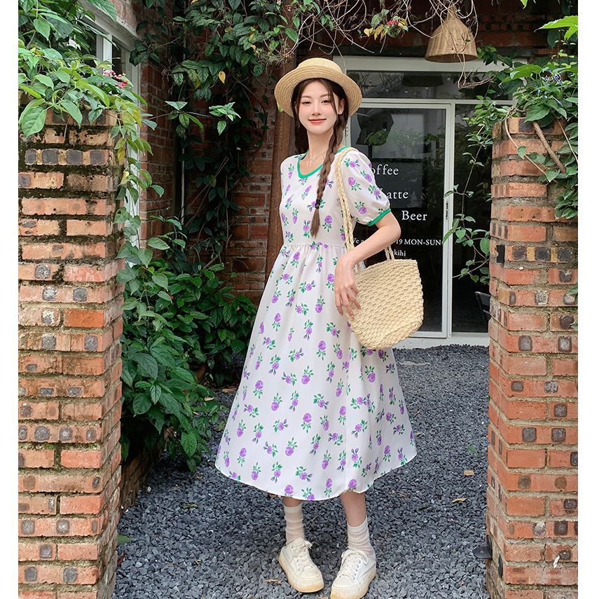 Women's French Tea Break Floral Midi Dress A-Line Short Sleeve Round Neck Elastic Waist