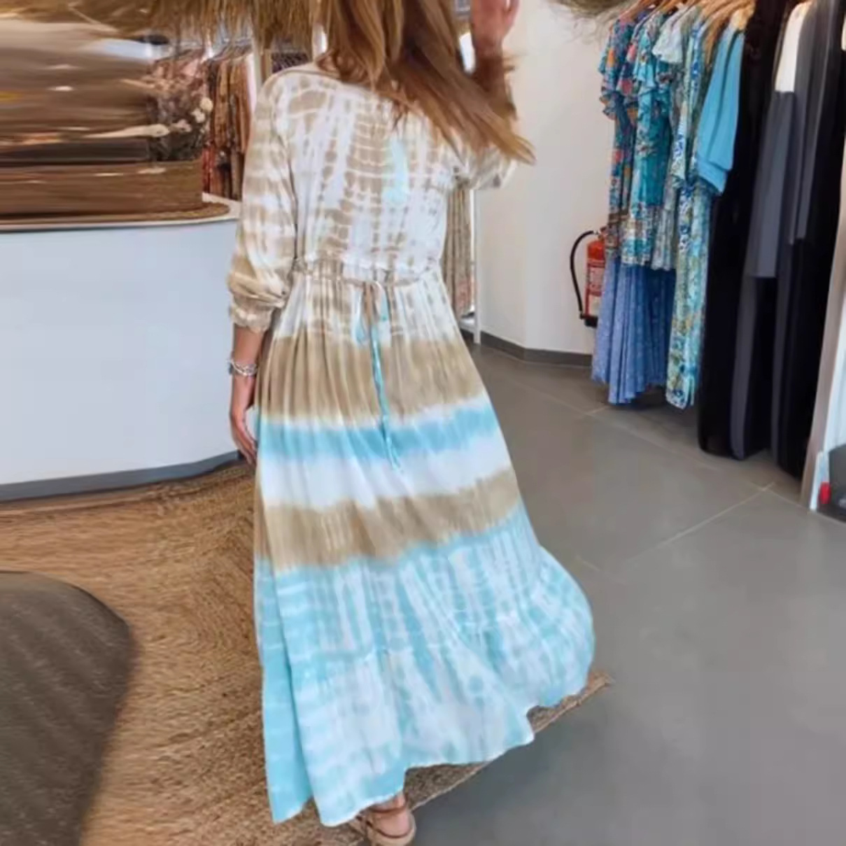 Women's Printed Deep V-Neck Long Sleeve Colorblock Dress