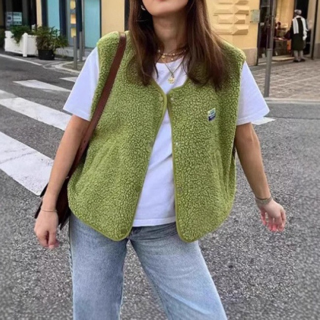 Women's Sleeveless Cotton Vest Single-Breasted Round Neck Loose Fit