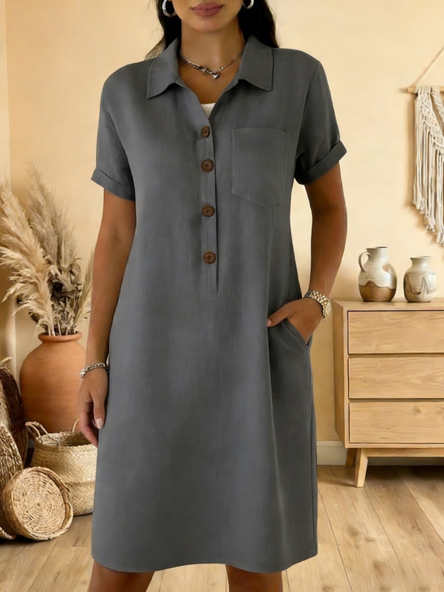 Women's Casual Button Cotton-Linen Short Sleeve Midi Dress