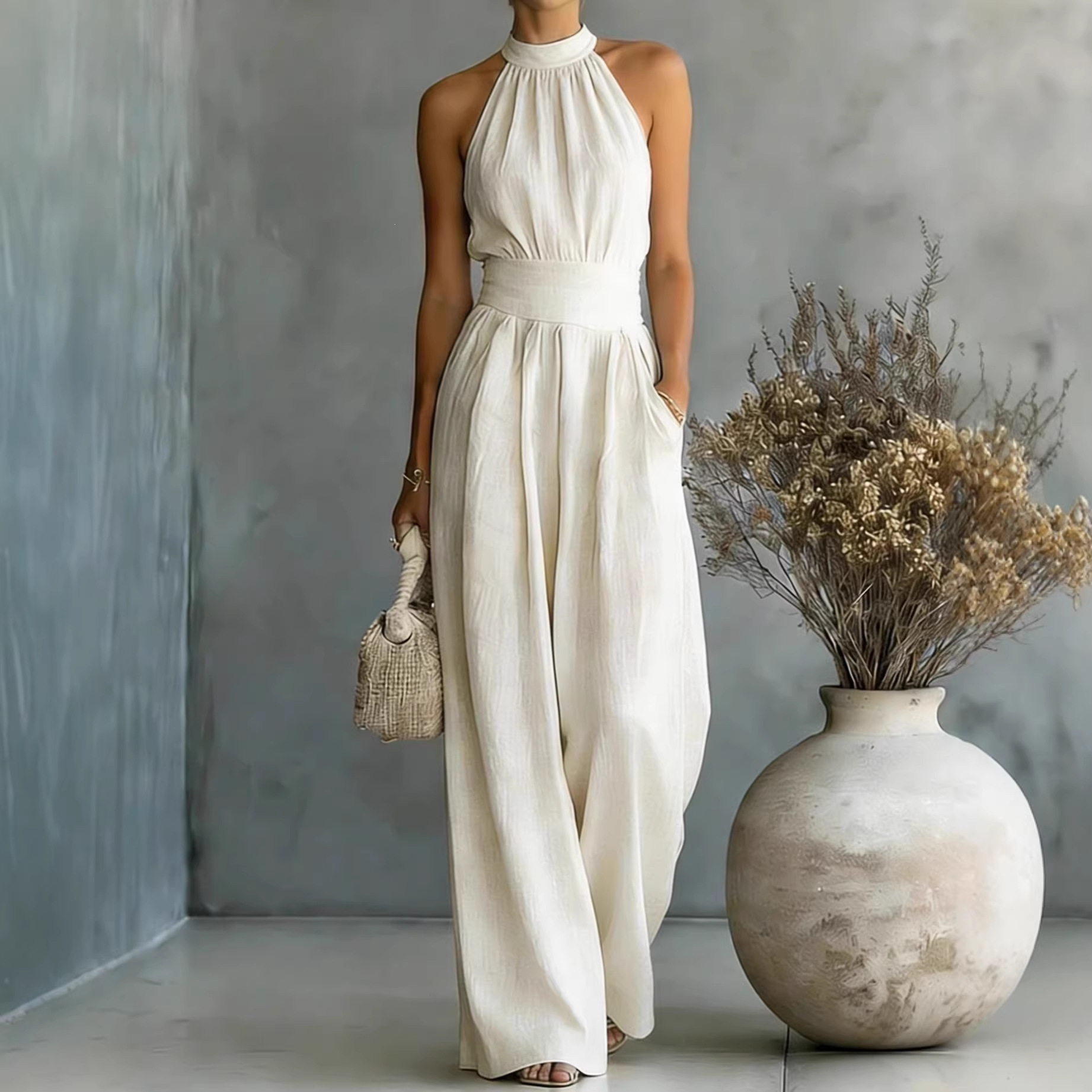 Sleeveless Halter Wide-Leg Jumpsuit with Cinched Waist