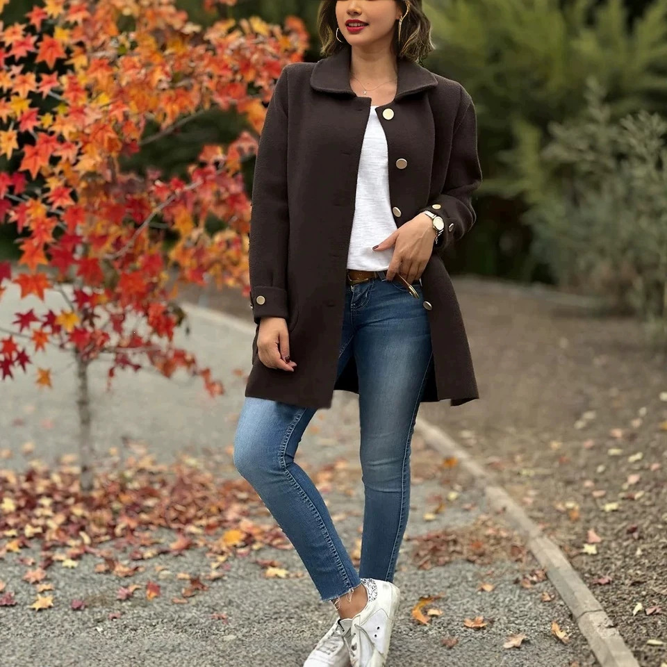 Women's Lapel Collar Bow Wool Blend Coat
