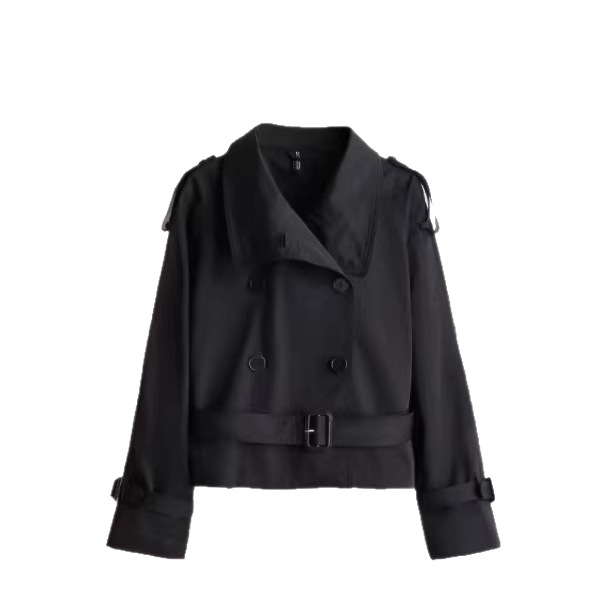 Women's Waist-Cinched Long-Sleeve Cropped Trench Coat with Belt