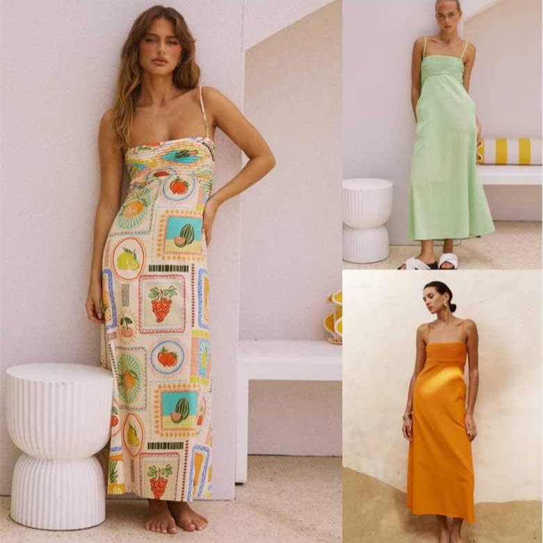Women's Low-Cut Sleeveless Printed Pleated High-Waist Long Dress