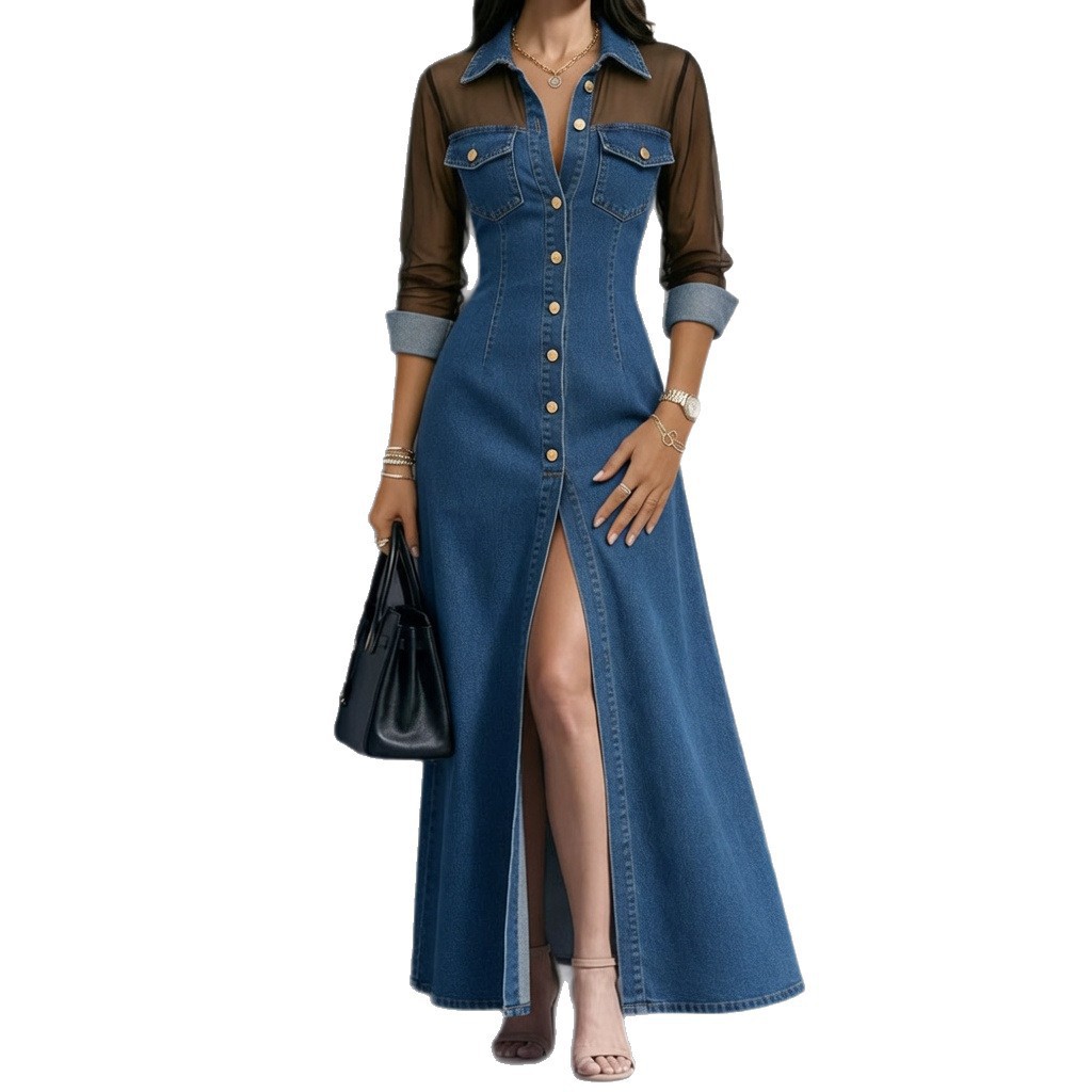 Women's Faux Denim Mesh Spliced Long Sleeve Split Dress
