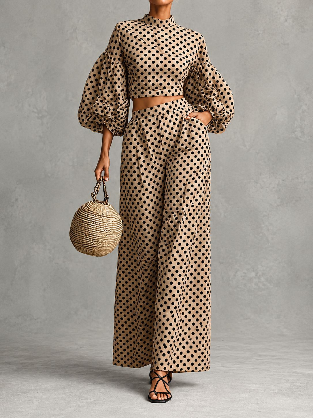 Polka Dot Lantern Sleeve Crop Top & High-Waist Wide-Leg Pants Two-Piece Set
