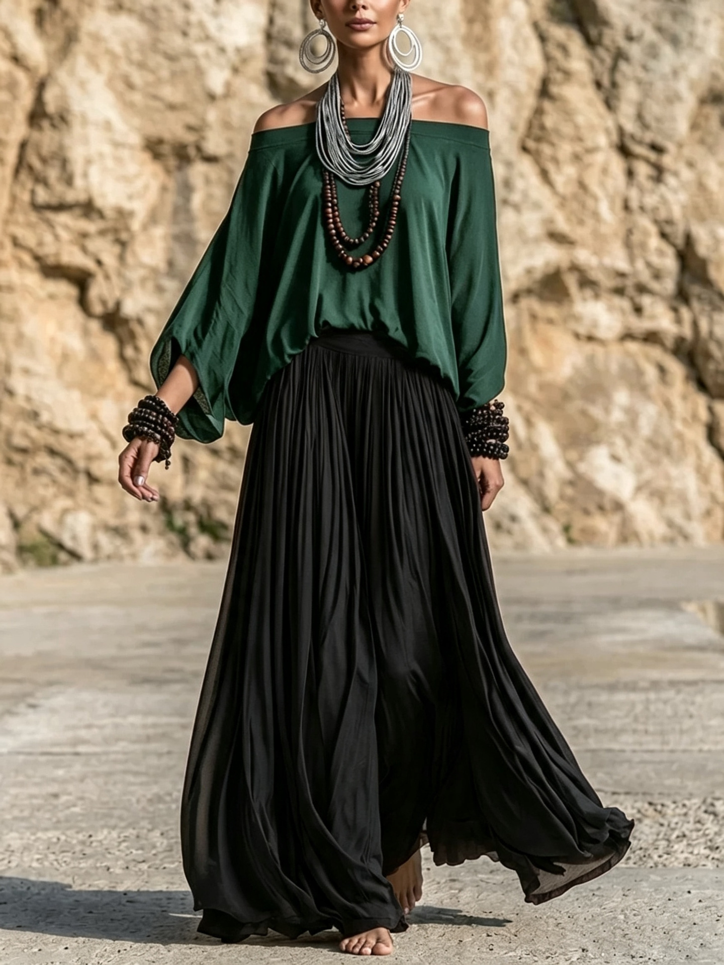 Bohemian Off-Shoulder Top & Wide-Leg Maxi Skirt Two-Piece Set