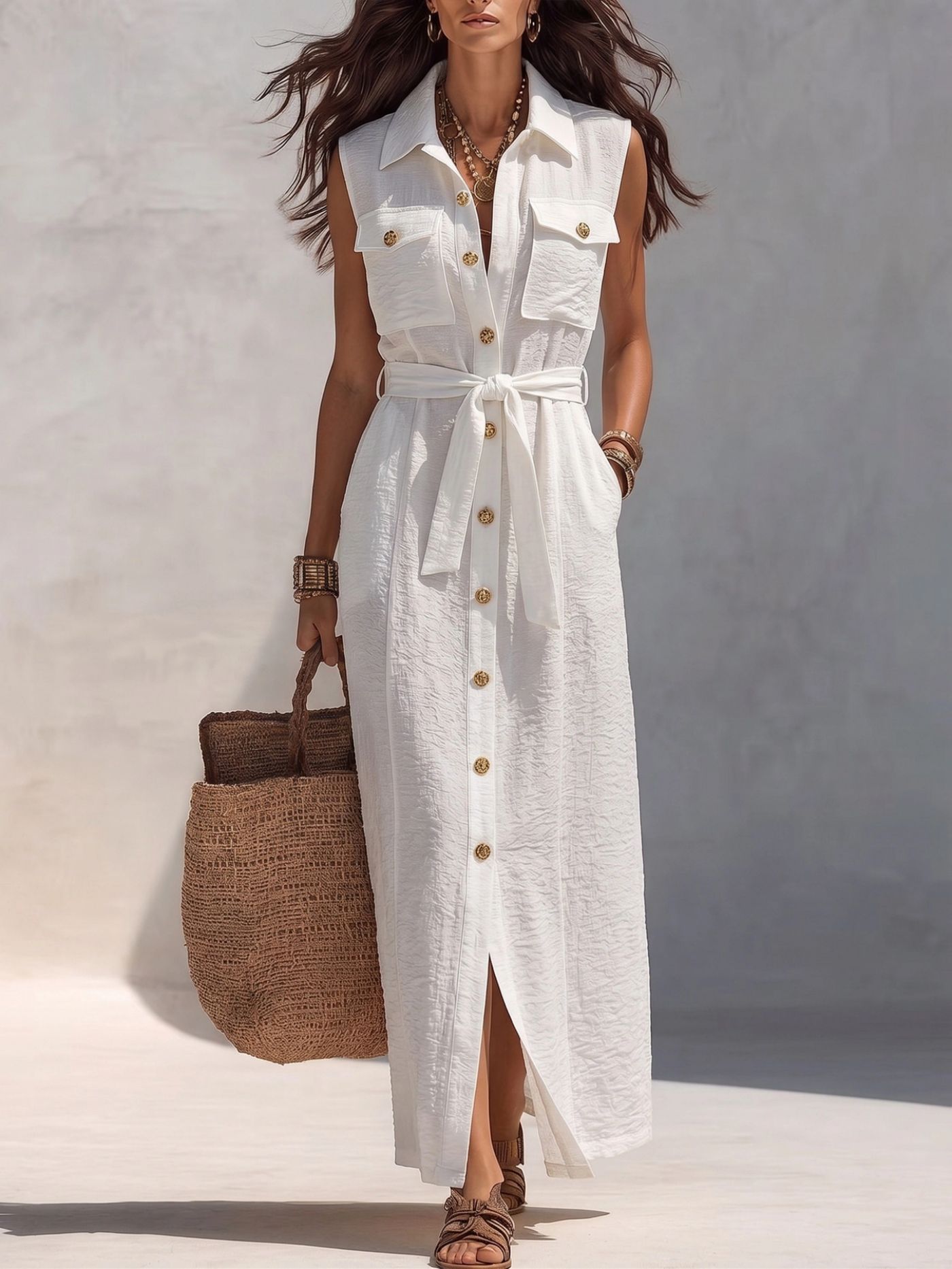 Elegant Sleeveless Button-Front Shirt Dress with Pockets and Belt
