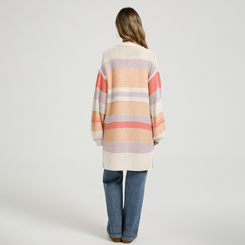 Color-Block Slit Long-Sleeve Cardigan Knit Sweater