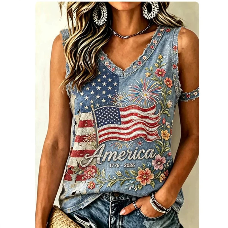Women's American Flag Print V-Neck Tank Top