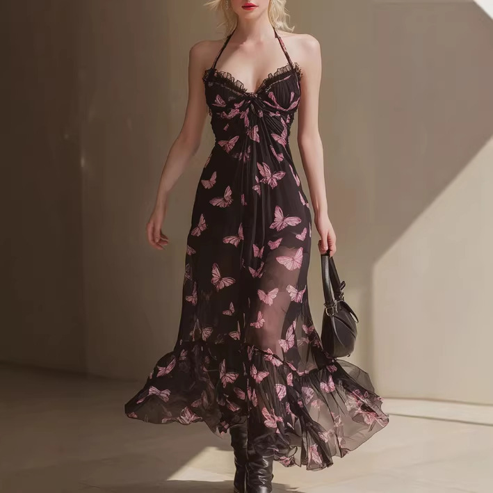 Pink Butterfly Print Black Off-Shoulder Tulle Dress