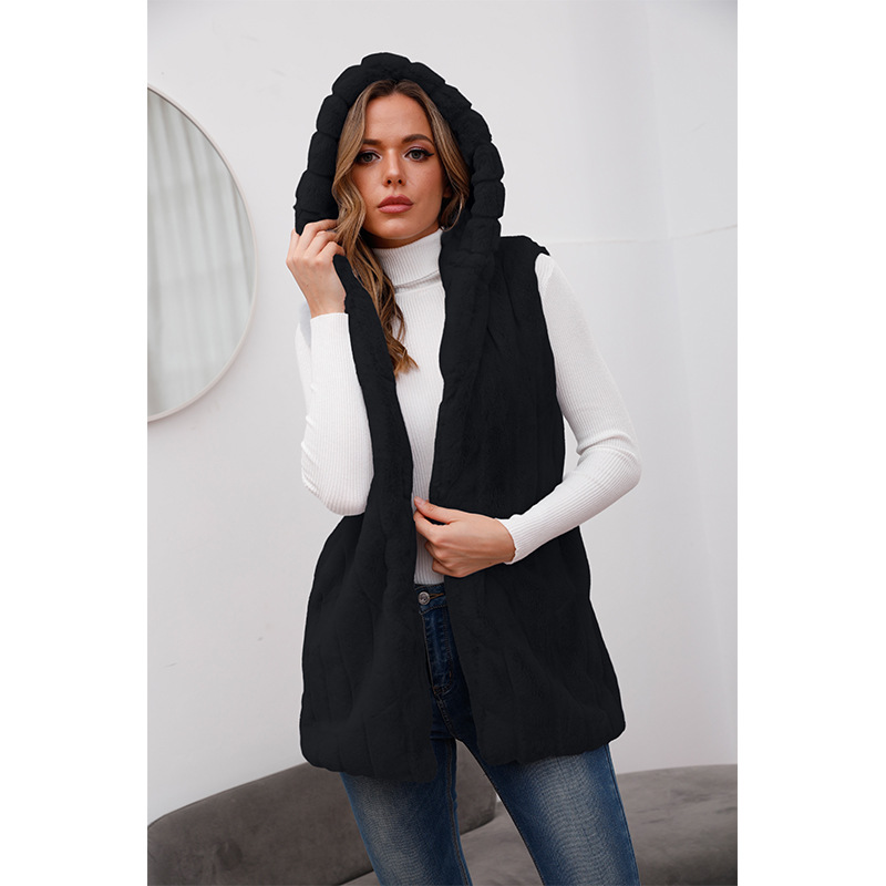 Faux Fur Hooded Vest for Women Sleeveless Mid-Length
