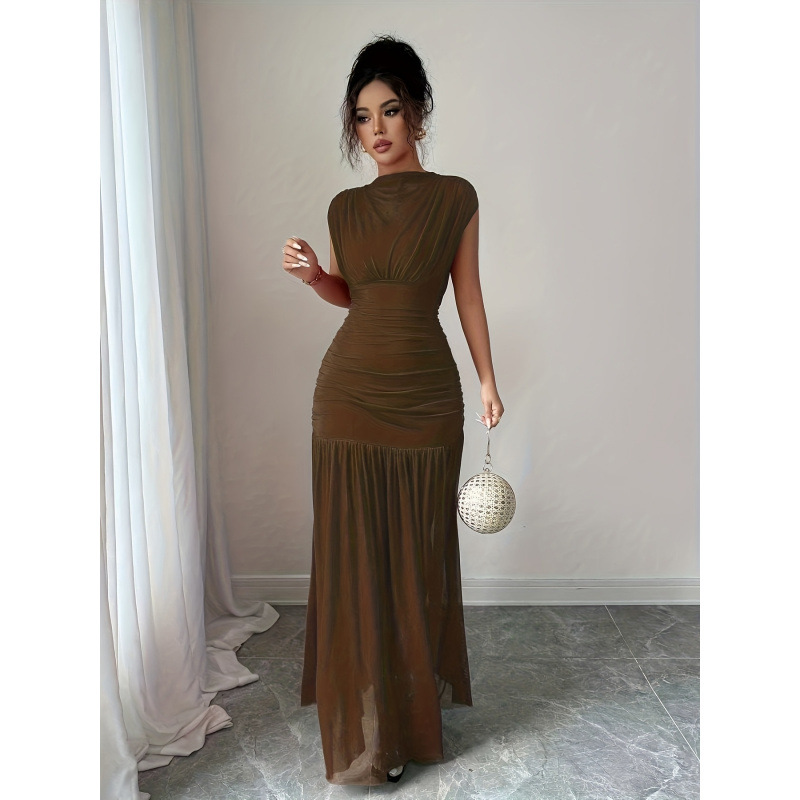 Women's Boat Neck Sleeveless Cutout Mesh Ruched Waist Long Dress